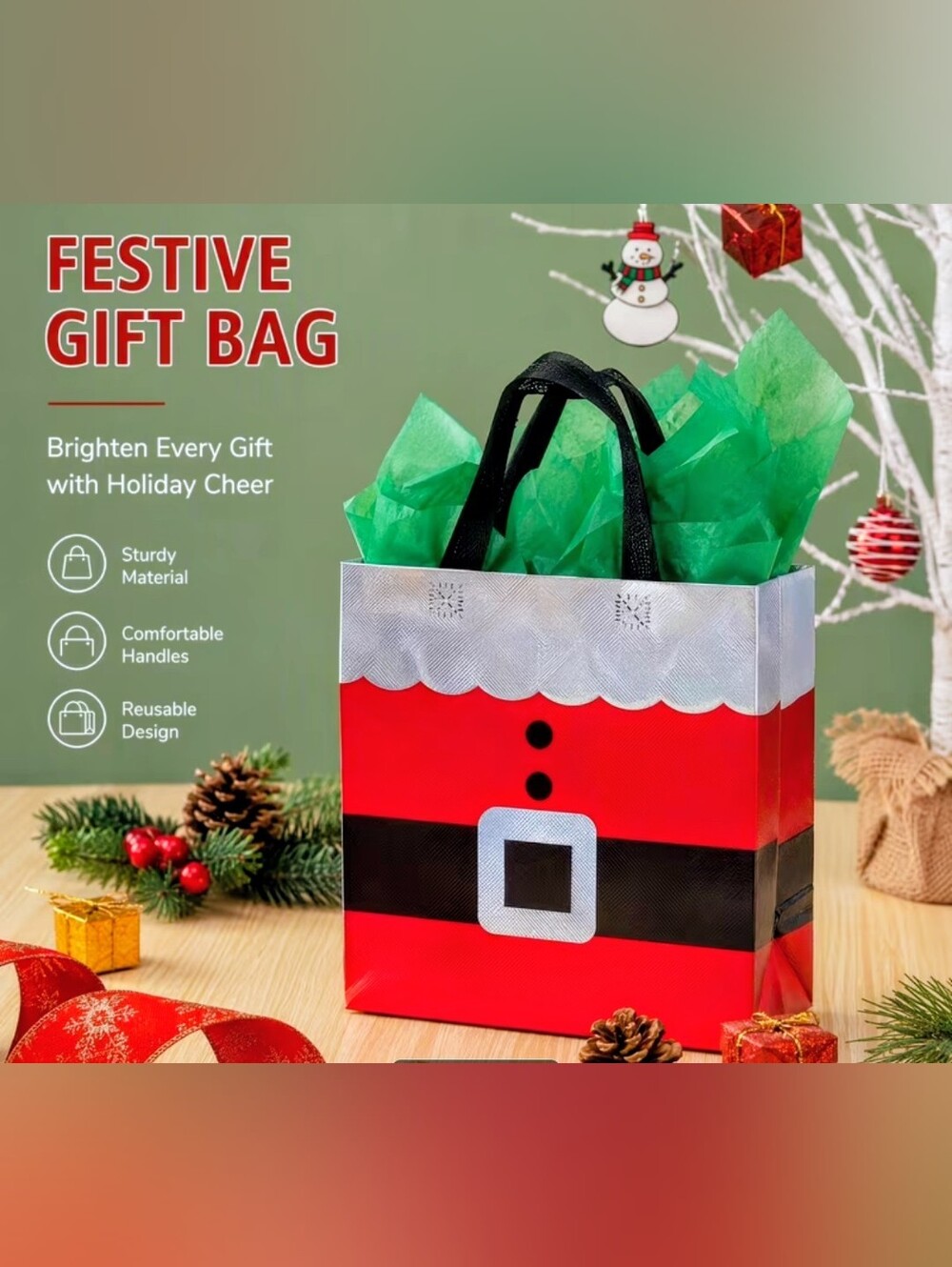 Festive Santa Gift Bag with Black Handles - Holiday Gift Bag (Set Of 3)